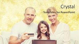  Presentation with family shopping - Colorful PPT theme enhanced with family holidays shopping technology and people concept - happy family with laptop computer and credit card over yellow lights background backdrop and a blonde colored foreground