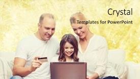  Presentation with family shopping - Cool new PPT layouts with family holidays shopping technology and people concept - happy family with laptop computer and credit card over yellow lights background backdrop and a blonde colored foreground