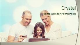  Presentation with family shopping - Cool new slides with family holidays shopping technology and people concept - happy family with laptop computer and credit card over blue lights background backdrop and a cream colored foreground