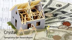  Presentation with money construction - Slide set consisting of family house with money construction background and a coral colored foreground
