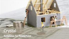  Presentation with money construction - Cool new PPT layouts with family house with money construction backdrop and a gray colored foreground