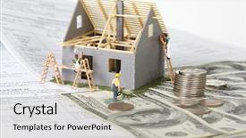  Presentation with money construction - Colorful presentation theme enhanced with family house with money construction backdrop and a light gray colored foreground