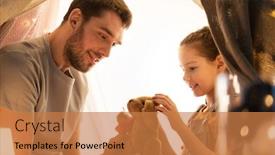  Presentation with tent - Slide deck with family hygge and people concept - happy father with teddy bear toy and little daughter playing in kids tent at night at home background and a coral colored foreground