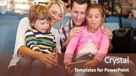  Presentation with airport lounge - Beautiful theme featuring family in airport departure lounge waiting to go on vacation backdrop and a tawny brown colored foreground