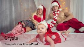  Presentation with baby christmas - Slide set consisting of family in christmas costumes baby mother and father three persons looking at camera on white bed background and a red colored foreground