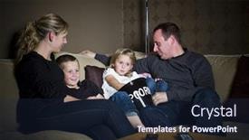  Presentation with television - PPT theme featuring family-in-front-of-television background and a wine colored foreground