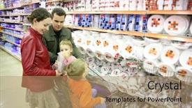  Presentation with nurse meeting a family - PPT theme with family in houseware shop background and a coral colored foreground