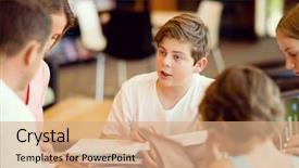  Presentation with library - Beautiful slide deck featuring family in library with books backdrop and a coral colored foreground