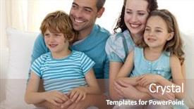  Presentation with living room family - PPT layouts having family in living-room sitting on sofa together background and a coral colored foreground