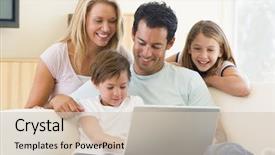  Presentation with living room family - Presentation theme consisting of family in living room with laptop smiling background and a soft green colored foreground