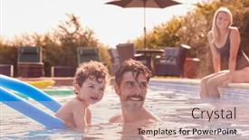  Presentation with swimming pool - Amazing PPT layouts having family-in-outdoor-pool backdrop and a soft green colored foreground