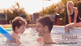  Presentation with aid - Slide deck consisting of family-in-outdoor-pool background and a coral colored foreground