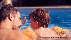  Presentation with swim - Slide deck featuring family-in-outdoor-pool background and a coral colored foreground