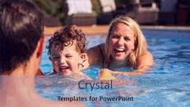  Presentation with swim - Amazing slide deck having family-in-outdoor-pool backdrop and a light blue colored foreground