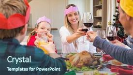  Presentation with dinner party - PPT layouts featuring family in party hat toasting background and a  colored foreground