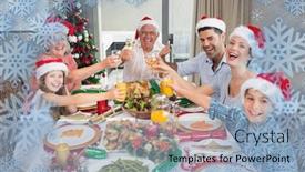  Presentation with dining table - Slide deck featuring family in santas hats toasting wine glasses at dining table against snowflake frame background and a light blue colored foreground