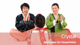  Presentation with korea - Slide set having family in traditional korean dress background and a coral colored foreground