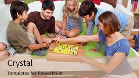  Presentation with board game - Colorful PPT layouts enhanced with family is playing board-game backdrop and a coral colored foreground