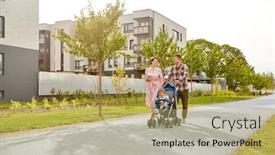  Presentation with city people walking - PPT theme having family leisure and people concept - happy mother and father with little son in stroller and takeaway coffee walking along city street background and a yellow colored foreground