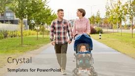  Presentation with city people walking - Colorful presentation design enhanced with family leisure and people concept - happy mother and father with little son and stroller walking along city street backdrop and a mint green colored foreground