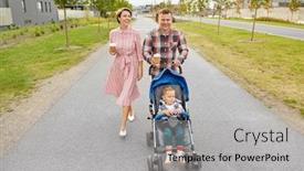  Presentation with city people walking - Beautiful presentation design featuring family leisure and people concept - happy mother and father with little son in stroller and takeaway coffee walking along city street backdrop and a light gray colored foreground