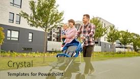  Presentation with city people walking - Presentation theme with family leisure and people concept - happy mother and father with little son and stroller walking along city street background and a yellow colored foreground