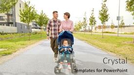  Presentation with city people walking - Beautiful PPT layouts featuring family leisure and people concept - happy mother and father with little son and stroller walking along city street backdrop and a mint green colored foreground