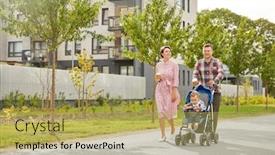  Presentation with city people walking - Cool new PPT layouts with family leisure and people concept - happy mother and father with little son in stroller and takeaway coffee walking along city street backdrop and a yellow colored foreground