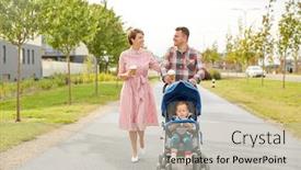  Presentation with city people walking - Slide set consisting of family leisure and people concept - happy mother and father with little son in stroller and takeaway coffee walking along city street background and a soft green colored foreground