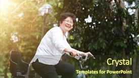  Presentation with elderly asian - Colorful PPT theme enhanced with family life cycle - active elderly asian woman cycling backdrop and a tawny brown colored foreground