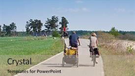  Presentation with cycling - Audience pleasing PPT theme consisting of family life cycle - family cycling around the lake backdrop and a mint green colored foreground