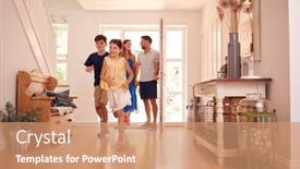  Presentation with new home - Cool new PPT theme with family-looking-around-new-home backdrop and a coral colored foreground