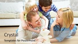  Presentation with portrait happy family smiling - Audience pleasing presentation theme consisting of family lying on floor living backdrop and a soft green colored foreground