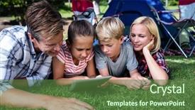  Presentation with campsite - Theme with family lying on grass and using digital tablet at campsite background and a tawny brown colored foreground