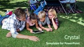  Presentation with campsite - Cool new slides with family lying on grass and using digital tablet at campsite backdrop and a tawny brown colored foreground