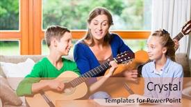  Presentation with music man in suit guitar - Beautiful presentation theme featuring family making music at home backdrop and a coral colored foreground