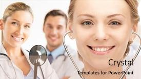  Presentation with female - Presentation theme consisting of family medicine - picture of attractive female doctor background and a  colored foreground