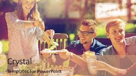  Presentation with summer party - Beautiful PPT theme featuring family meeting - leisure holidays eating people backdrop and a coral colored foreground