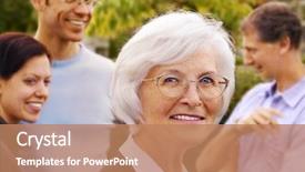  Presentation with three dimensinal geometry - PPT theme featuring family meeting - senior woman smiling in front background and a coral colored foreground