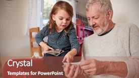  Presentation with home inspections - Presentation theme with family memories - grandfather and granddaughter at home background and a coral colored foreground