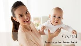  Presentation with motherhood - Presentation design with family motherhood and people concept - happy mother playing with little baby boy at home background and a soft green colored foreground