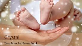  Presentation with child care - Beautiful slide deck featuring family motherhood people and child care concept - close up of newborn baby feet in mother hands over snow backdrop and a coral colored foreground