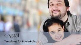  Presentation with muslim family - Colorful PPT layouts enhanced with family muslim - father hugging his daughter outdoor backdrop and a light blue colored foreground