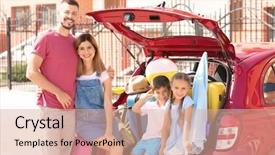  Presentation with car - Cool new PPT theme with family near car with things backdrop and a coral colored foreground