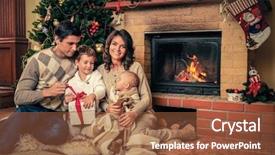  Presentation with christmas fireplace log fire burns - Slide deck featuring family near fireplace in christmas background and a  colored foreground