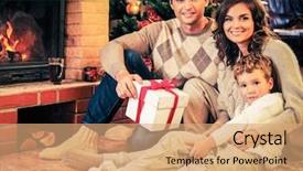  Presentation with fireside - Theme enhanced with family near fireplace in christmas background and a coral colored foreground