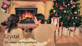  Presentation with christmas fireplace log fire burns - Slides consisting of family near fireplace in christmas background and a coral colored foreground