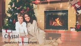  Presentation with gingerbread house decorated colorful candies - Slides featuring family near fireplace in decorated background and a coral colored foreground