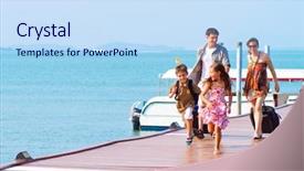  Presentation with luggage - Audience pleasing PPT layouts consisting of family of 4 arriving backdrop and a sky blue colored foreground