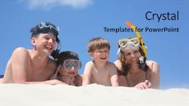  Presentation with sand - Audience pleasing slides consisting of family of four lying on sand with snorkeling masks backdrop and a light blue colored foreground